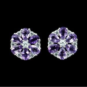 Earrings Pear Purple Amethyst 4x3 mm White Topaz 925 Sterling Silver